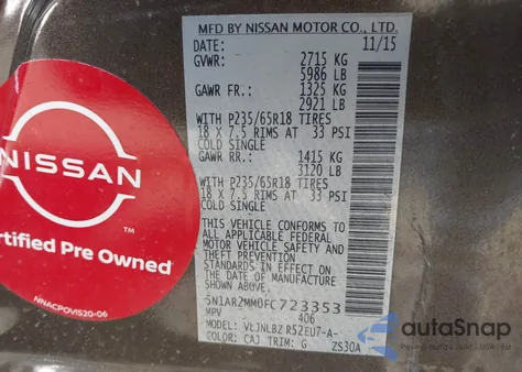 2015 Nissan Pathfinder S из США, поврежденный, VIN 5N1AR2MM0FC723353